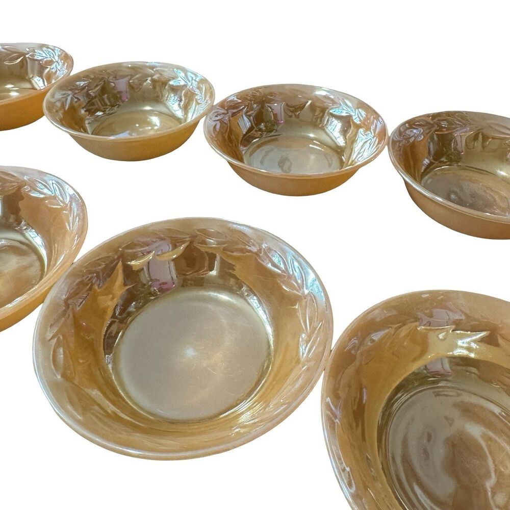 Vintage Set Of 9 Anchor Hocking‎ Fire King LAUREL PEACH LUSTRE 5” Fruit Bowl